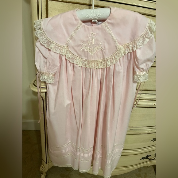 Pale Pink French Handsewn Lace Dress • pink/ivory/ecru • “F” monogram embroidery - Picture 3 of 5